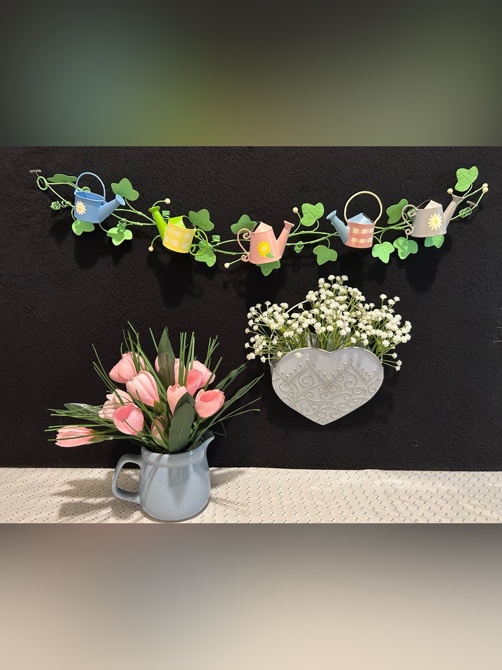 Pastel Watering Can Garland Wall Decor with Heart Planter